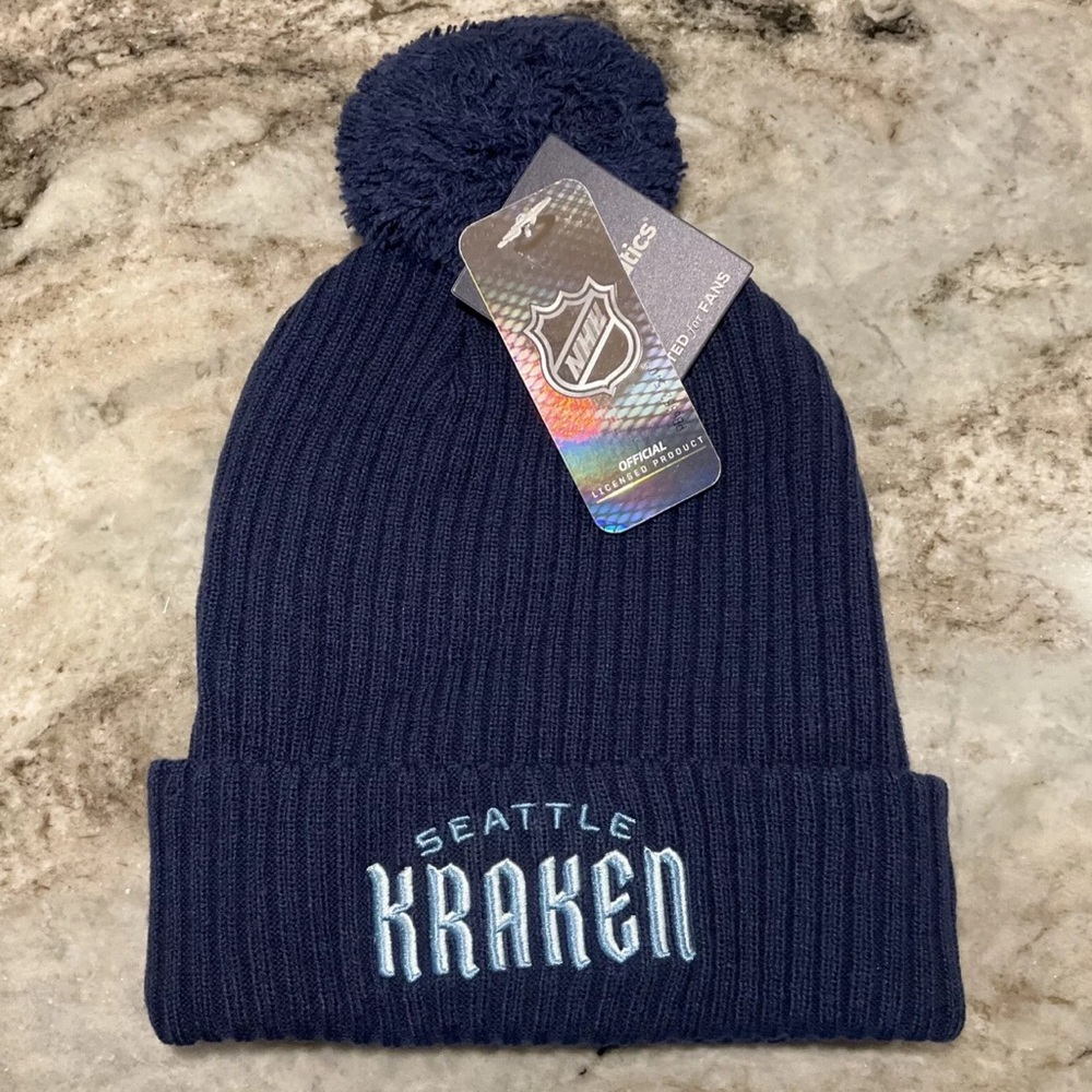 Seattle Kraken Cuffed Knit Winter Beanie Hat Cap Pom Navy Blue New NHL Hockey
